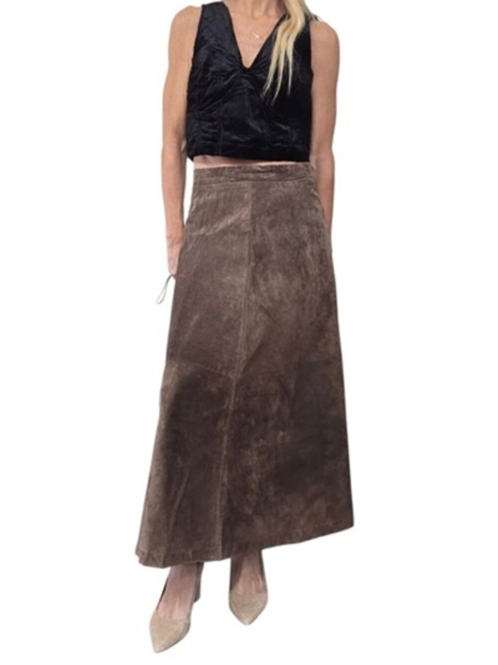 Vintage 90s JH Collectibles Brown Suede Leather Maxi Skirt 8 A-Line